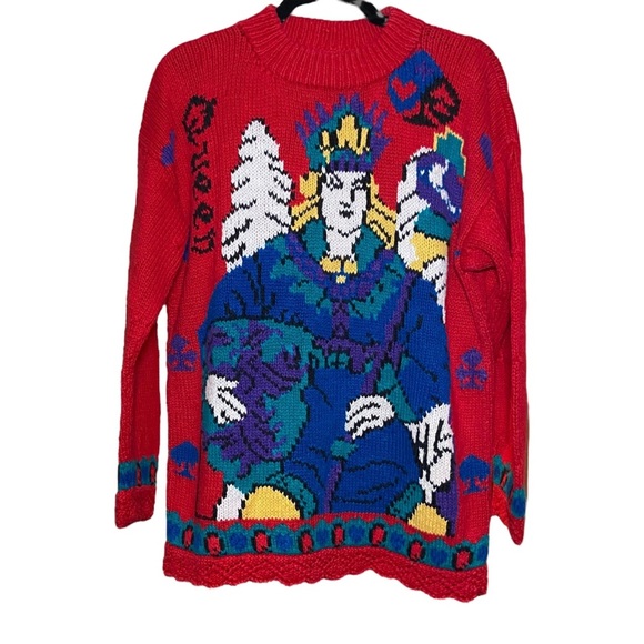 Vintage Hand‎ Knit Sweater Queen Of Hearts Size Large XL Red Long Sleeve - Picture 1 of 4